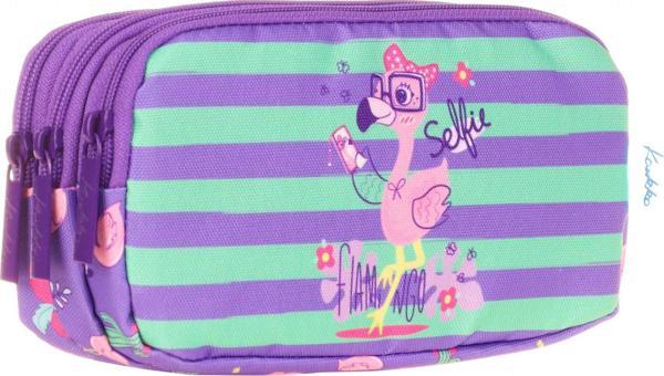 Kaukko Üç Bölmeli Mor Pembe Flamingo Kız Çocuk Kalem Çantası - Image 1