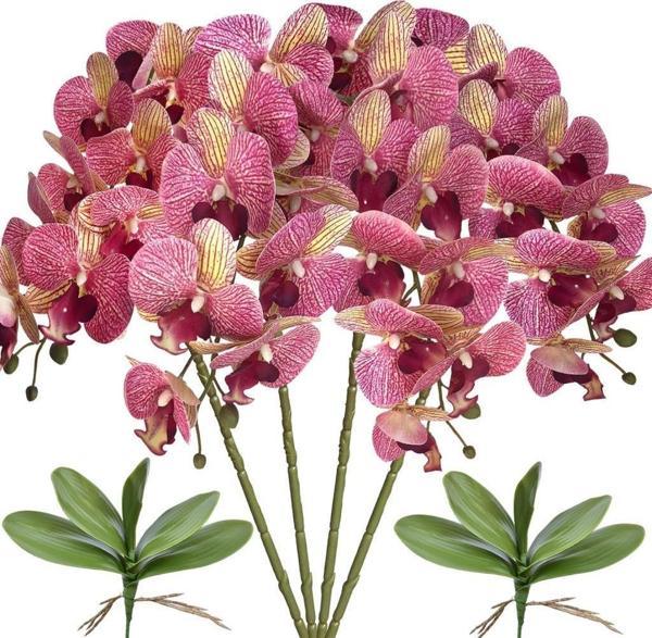 Netten Evime 4lü Set Yapay Çiçek Fuşya Çilli Islak Orkide ve 2 Adet Orkide Yaprağı Gerçeksi Doku Uzun Dal 90 cm - Image 1
