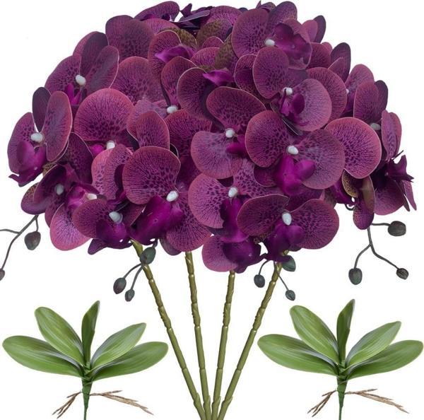 Netten Evime 4lü Set Yapay Çiçek Koyu Mor Islak Orkide ve 2 Adet Orkide Yaprağı Gerçeksi Doku Uzun Dal 90 cm - Image 1