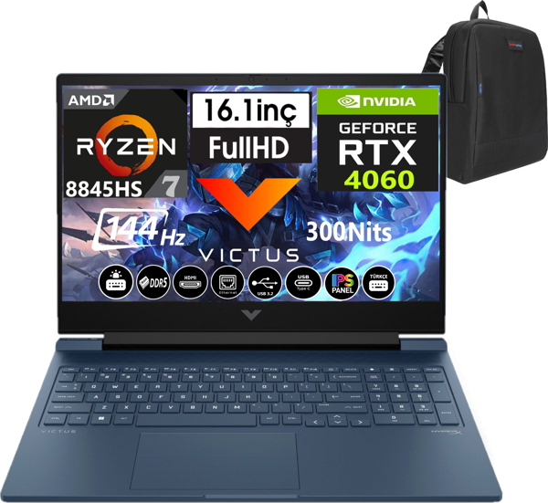 Hp Victus 16-S1011NT Amd Ryzen 7 8845HS 32GB Ddr5 1tb SSD 8GB/RTX4060 Freedos 16" 144 Hz Fhd IPS Taşınabilir Bilgisayar 9Z791EAW06 + Weblegelsin Çanta - Image 1