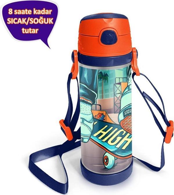 Coral High Kids Civit Neon Turuncu Kaykay Desenli Pipetli Çelik Termos 500 ml 11923 - Image 1