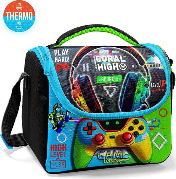 Coral High Kids Siyah Fosforlu Yeşil Kulaklık Game Desenli Thermo Beslenme Çantası 11877 - Image 1