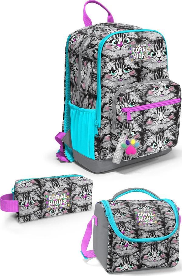 Coral High Gri Kedi Desenli 3’lü Okul Çanta Seti SET0123638 - Image 1