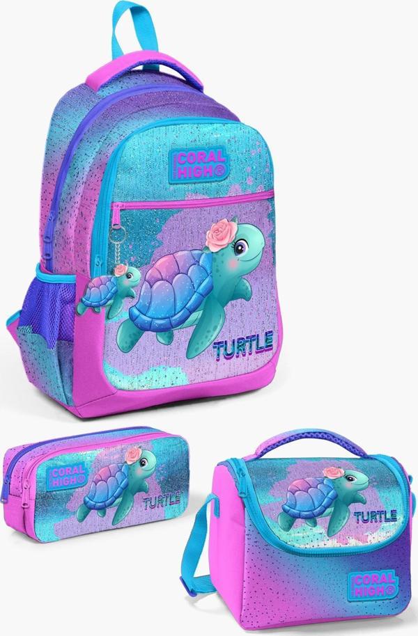 Coral High Kids Açık Pembe Mavi Kaplumbağa Desenli 3’lü Okul Çanta Seti SET0123497 - Image 1