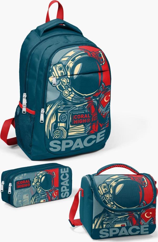 Coral High Kids Çivit Kırmızı Astronot Desenli 3’lü Okul Çanta Seti SET0114389 - Image 1
