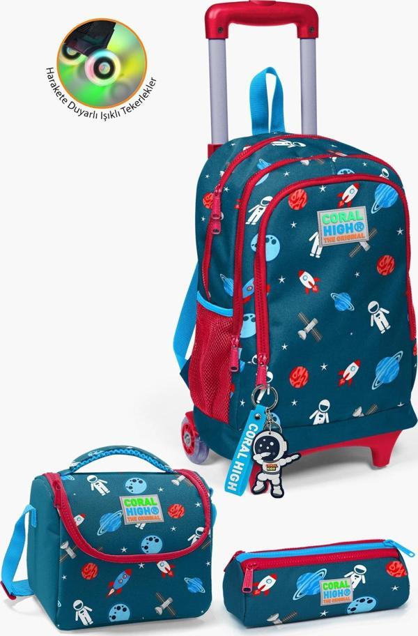 Coral High Kids Çivit Kırmızı Uzay Desenli Çekçekli 3'lü Çanta Seti SET0123136 - Image 1