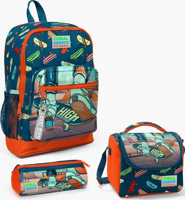 Coral High Kids Civit Neon Turuncu Kaykay Desenli 3’lü Okul Çanta Seti SET0123723 - Image 1
