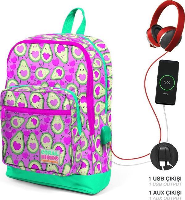 Coral High Kids Dört Bölmeli Avokado Desenli İlkokul Çantası USB Şarjlı Kulaklık Çıkışlı 23809 - Image 1