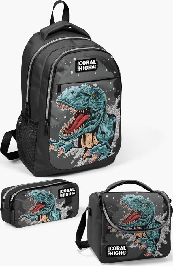 Coral High Kids Koyu Gri Siyah Dinazor Desenli 3’lü Okul Çanta Seti SET0114386 - Image 1