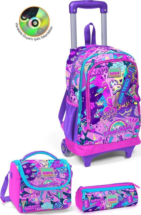 Coral High Kids Grafiti Desenli Üç Bölmeli Çekçekli 3'lü Çanta Seti SET0123960 - Image 1