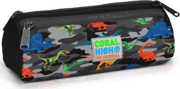 Coral High Kids Koyu Gri Siyah Kamuflaj Dinazor Desenli Üç Bölmeli Kalem Çantası 22326 - Image 1