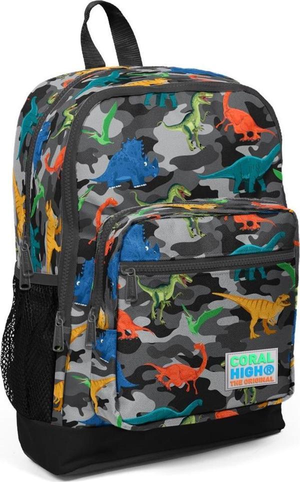 Coral High Kids Gri Dinozor Desenli USB Şarjlı Kulaklık Çıkışlı Okul Sırt Çantası 23286 - Image 1
