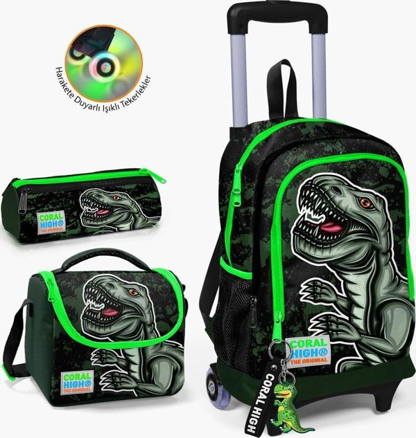 Coral High Kids Koyu Yeşil Siyah Dinazor Desenli Çekçekli 3'lü Çanta Seti SET0123925 - Image 1