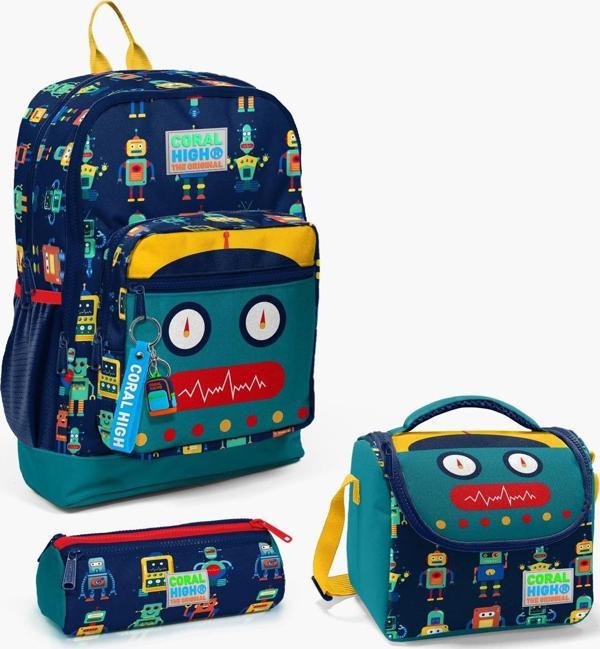 Coral High Kids Lacivert Çivit Robot Desenli 3’lü Okul Çanta Seti SET0123472 - Image 1