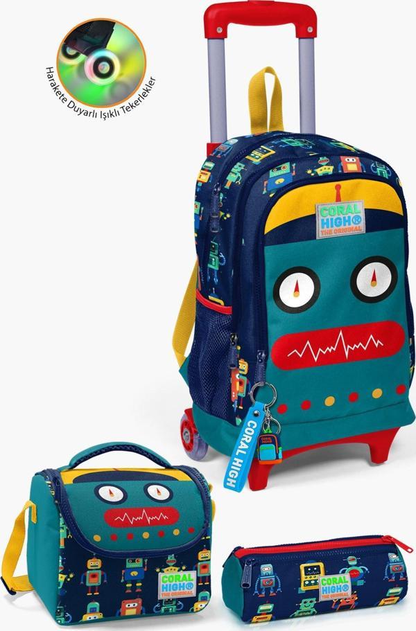 Coral High Kids Lacivert Civit Robot Desenli Çekçekli 3'lü Çanta Seti SET0123380 - Image 1