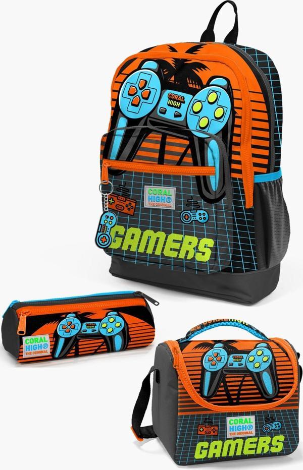 Coral High Kids Gri Turuncu Gamer Desenli 3’lü Okul Çanta Seti SET0123746 - Image 1