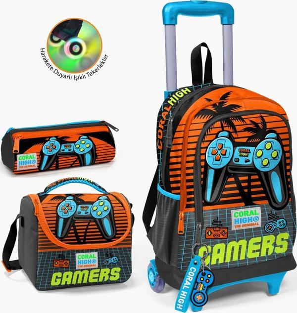 Coral High Kids Gri Turuncu Gamer Desenli Çekçekli 3'lü Çanta Seti SET0123946 - Image 1