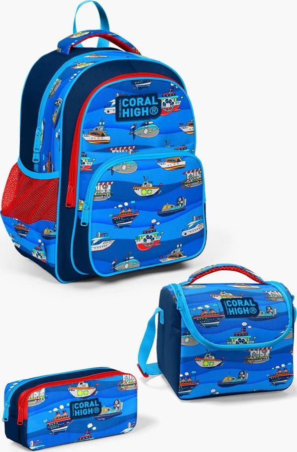 Coral High Kids Lacivert Mavi Gemi Desenli 3'lü Okul Çanta Seti SET0114416 - Image 1