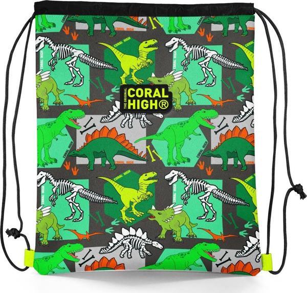 Coral High Kids Gri Yeşil Dinozor Desenli İpli Büzgülü Sırt Çantası 22677 - Image 1
