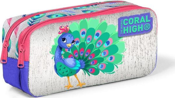 Coral High Kids Gümüş Lavanta Tavus Kuşu Desenli İki Bölmeli Kalem Çantası 12060 - Image 1