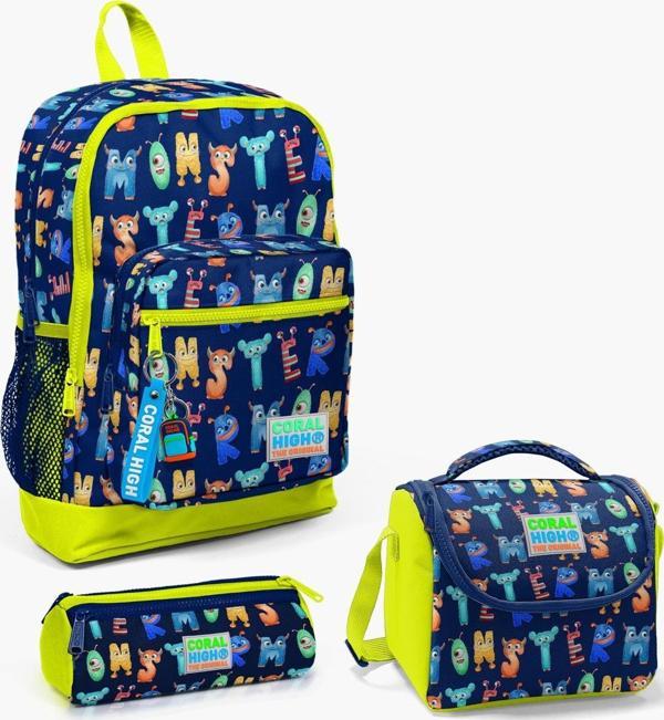 Coral High Kids Lacivert Neon Sarı Monster Desenli 3’lü Okul Çanta Seti SET0123726 - Image 1