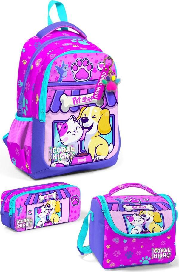 Coral High Kids Kedi Köpek Desenli 3’lü Okul Çanta Seti SET0123646 - Image 1