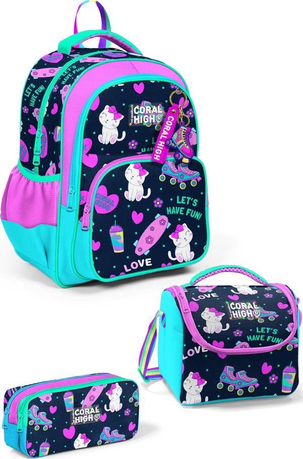 Coral High Kids Lacivert Pembe Kedili Paten Desenli 3'lü Okul Çanta Seti SET0123658 - Image 1