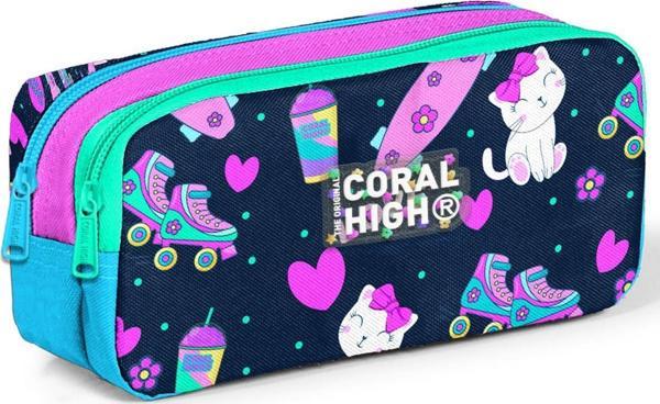 Coral High Kids Lacivert Pembe Kedili Paten Desenli İki Bölmeli Kalem Çantası 12091 - Image 1