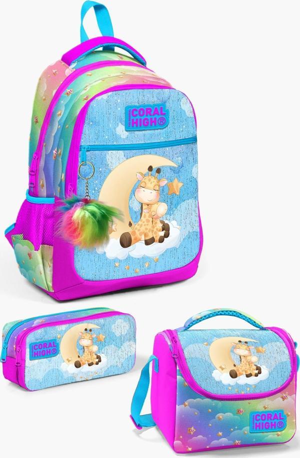 Coral High Kids Mavi Pembe Zürafa Desenli 3’lü Okul Çanta Seti SET0123479 - Image 1