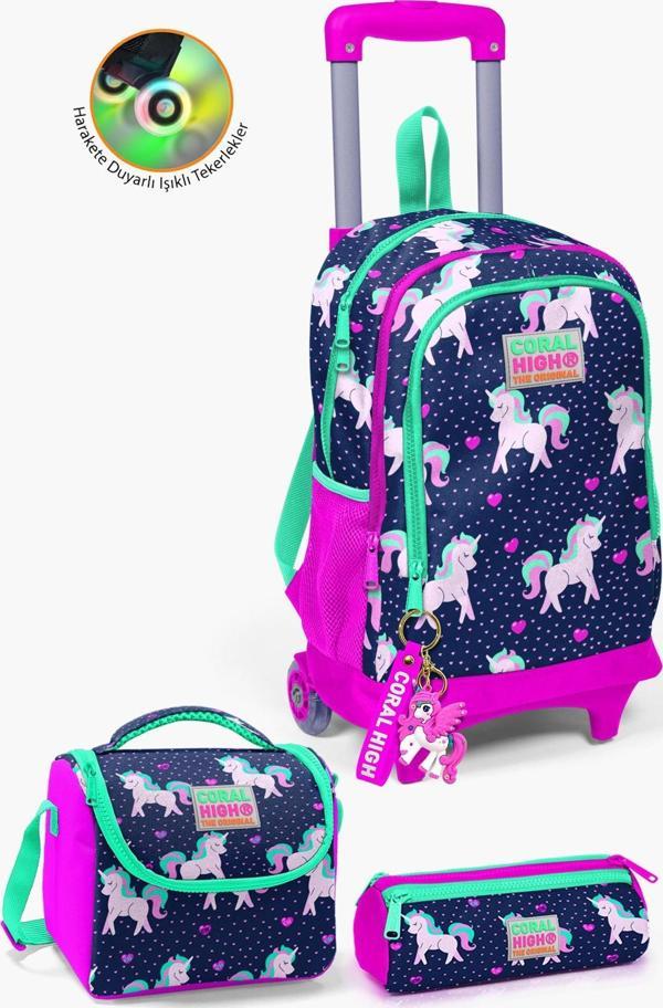 Coral High Kids Lacivert Pembe Unicorn Desenli Çekçekli 3'lü Çanta Seti SET0123366 - Image 1