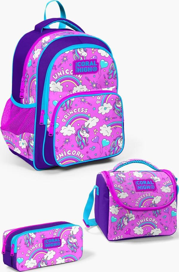 Coral High Kids Mor Açık Pembe Unicorn Desenli 3'lü Okul Çanta Seti SET0123404 - Image 1