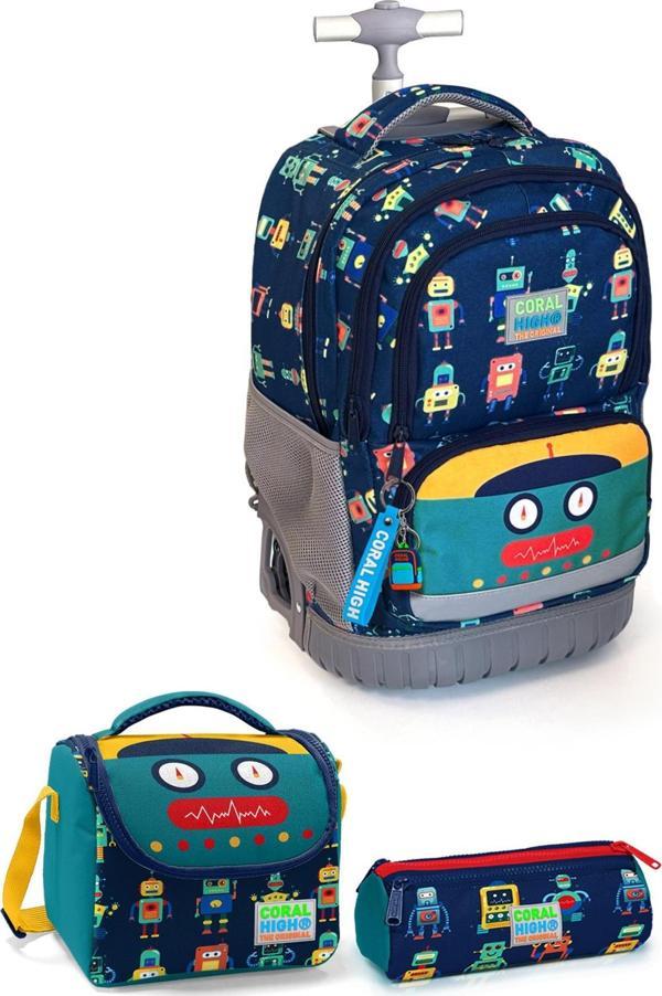 Coral High Kids Lacivert Robot Desenli Çekçekli 3'lü Çanta Seti SET0124025 - Image 1