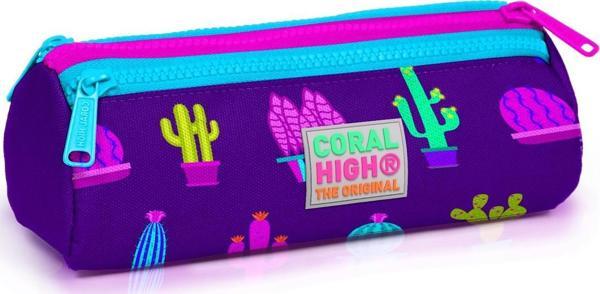 Coral High Kids Mor Kaktüs Desenli Üç Bölmeli Kalem Çantası 22313 - Image 1