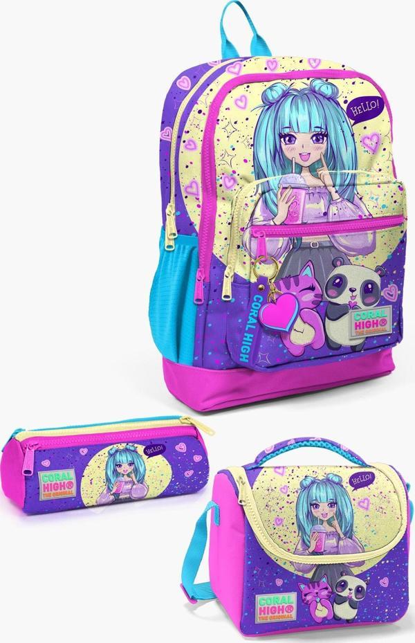 Coral High Kids Mor Pembe Anime Kız Desenli 3’lü Okul Çanta Seti SET0123735 - Image 1