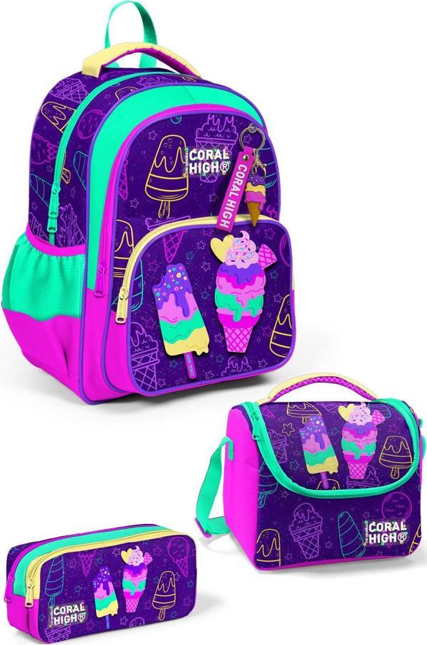 Coral High Kids Mor Pembe Dondurma Desenli 3’lü Okul Çanta Seti SET0123655 - Image 1