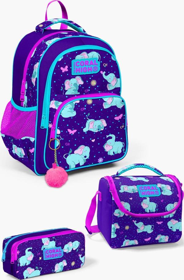 Coral High Kids Mor Pembe Fil Desenli 3'lü Okul Çanta Seti SET0114411 - Image 1