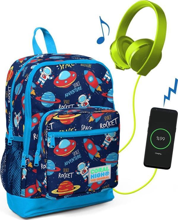 Coral High Kids Lacivert Uzay Desenli USB Şarjlı Kulaklık Çıkışlı Okul Sırt Çantası 23280 - Image 1