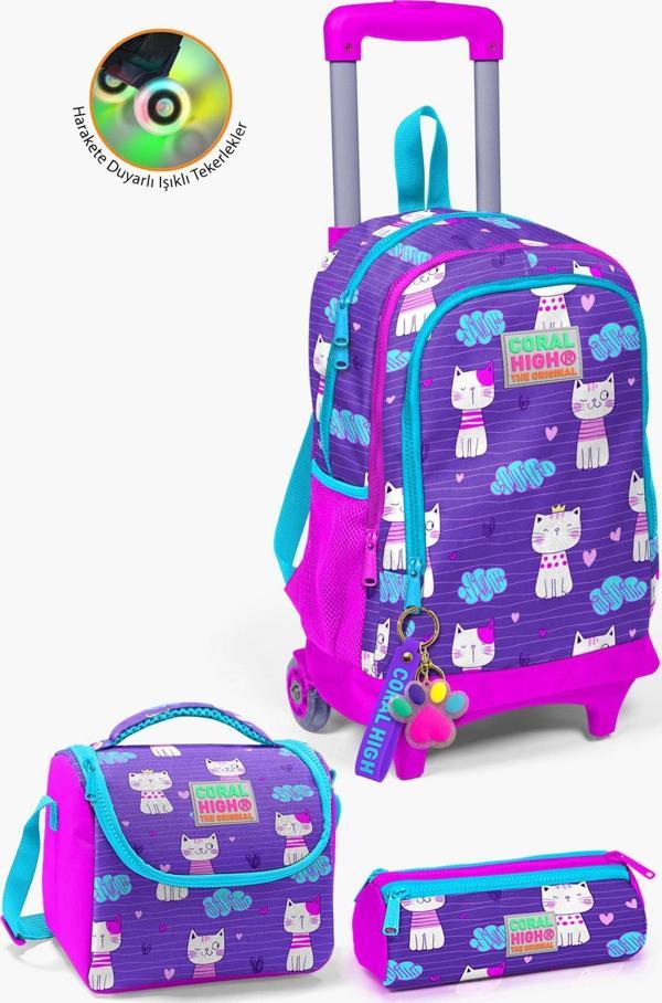 Coral High Kids Mor Pembe Kedi Desenli Çekçekli 3'lü Çanta Seti SET0123360 - Image 1