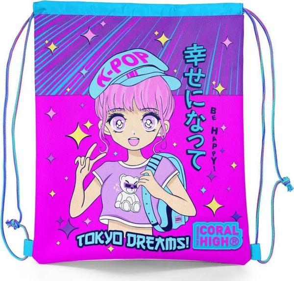 Coral High Kids Mor Pembe Mavi K-Pop Desenli İpli Büzgülü Sırt Çantası 22477 - Image 1