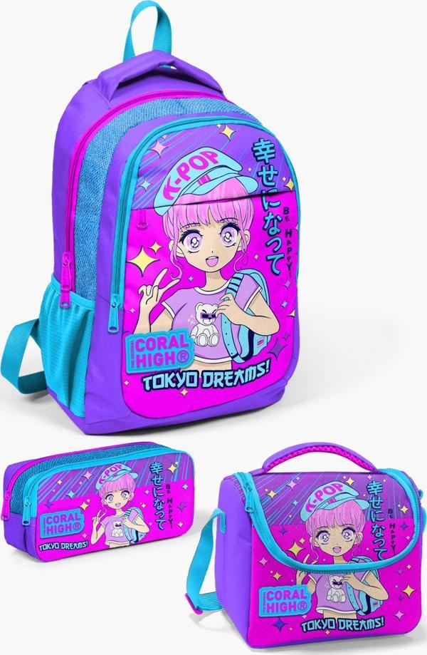 Coral High Kids Mor Pembe Mavi Simli K-Pop Desenli 3’lü Okul Çanta Seti SET0114403 - Image 1