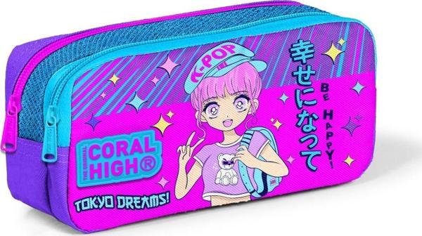 Coral High Kids Mor Pembe Mavi Simli K-Pop Desenli İki Bölmeli Kalem Çantası 12064 - Image 1