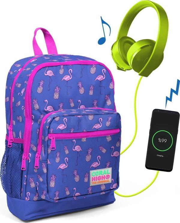 Coral High Kids Lavanta Flamingo Desenli USB Şarjlı Kulaklık Çıkışlı Okul Sırt Çantası 23276 - Image 1