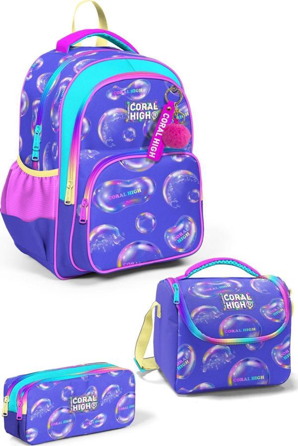 Coral High Kids Lavanta Pembe Baloncuk Desenli 3'lü Okul Çanta Seti SET0123656 - Image 1