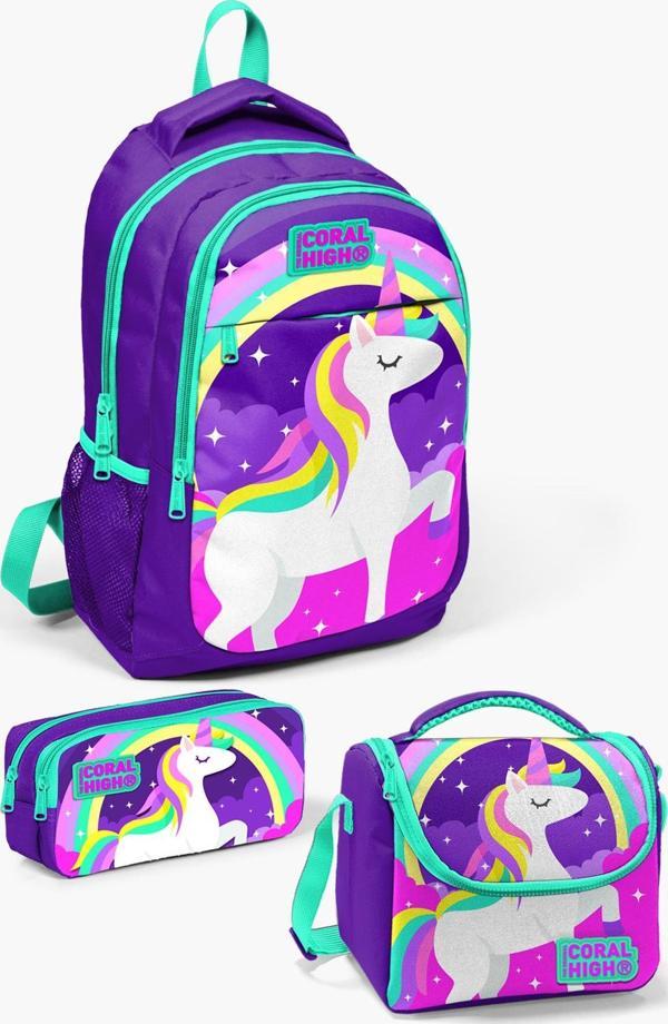 Coral High Kids Mor Su Yeşili Unicorn Desenli 3’lü Okul Çanta Seti SET0114376 - Image 1