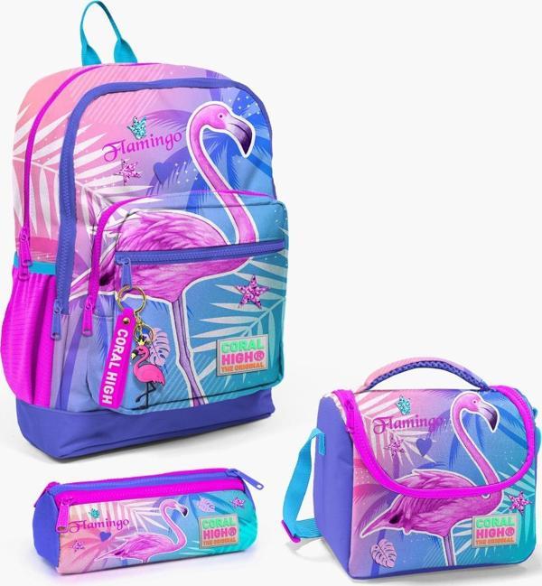 Coral High Kids Lavanta Pembe Flamingo Desenli 3’lü Okul Çanta Seti SET0123705 - Image 1