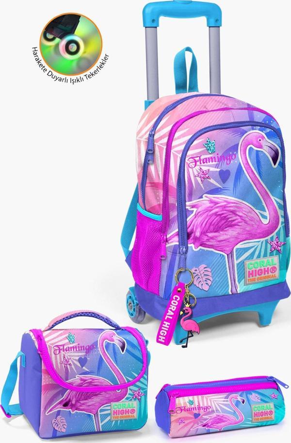 Coral High Kids Lavanta Pembe Flamingo Desenli Çeçekli 3’lü Okul Çanta Seti SET0123905 - Image 1