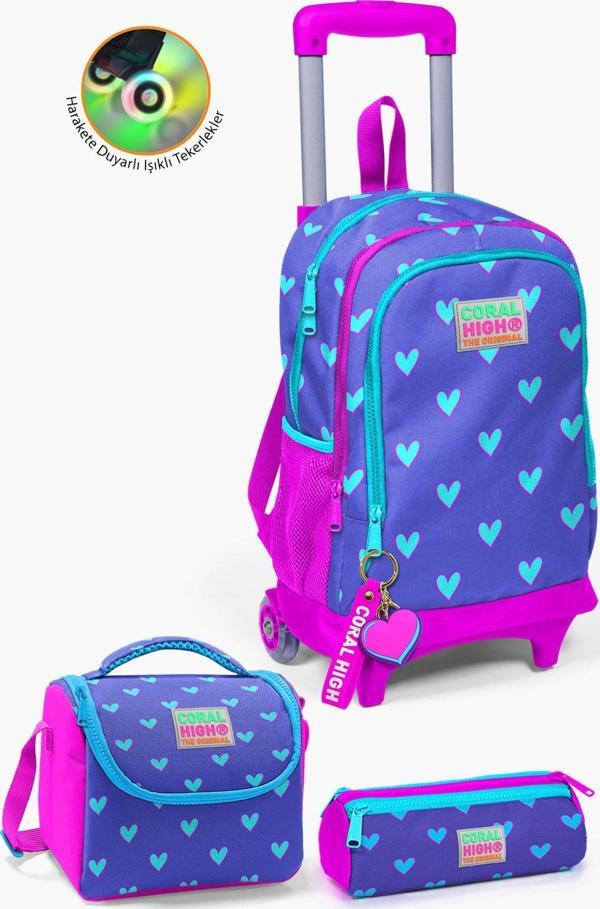 Coral High Kids Lavanta Pembe Kalp Desenli Çekçekli 3’lü Okul Çanta Seti SET0123906 - Image 1