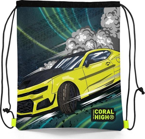 Coral High Kids Nefti Fosforlu Sarı Araba Desenli İpli Büzgülü Sırt Çantası 22480 - Image 1