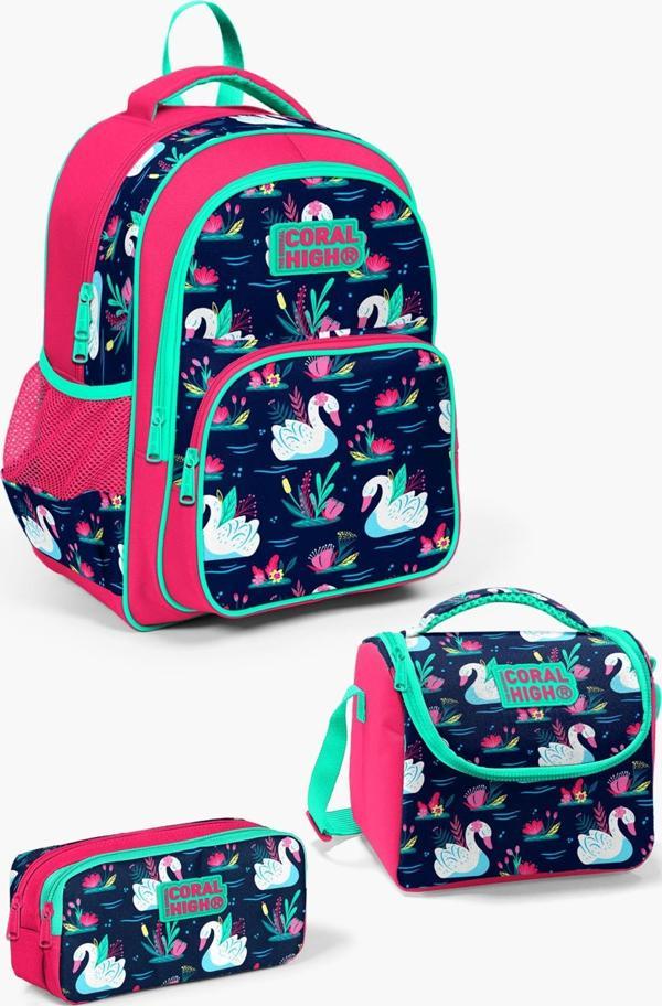 Coral High Kids Neon Mercan Lacivert Kuğu Desenli 3'lü Okul Çanta Seti SET0123402 - Image 1
