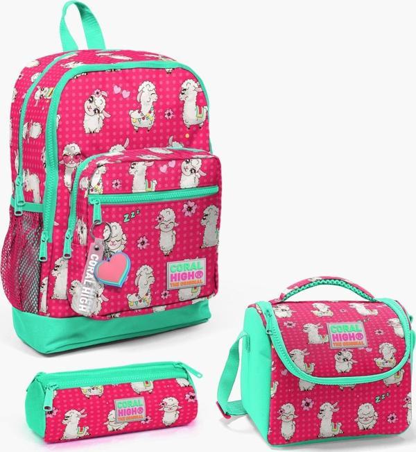 Coral High Kids Neon Mercan Su Yeşili Alpaka Desenli 3’lü Okul Çanta Seti SET0123466 - Image 1
